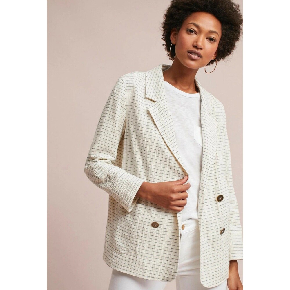 ANTHROPOLOGIE Cartonnier Women’s Double Breasted Pinstripe Blazer Jacket MEDIUM - Picture 14 of 16